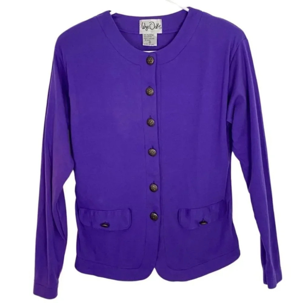 Vintage 80s Retro Granny Button Down Knit Jacket Blouse Size Small Purple